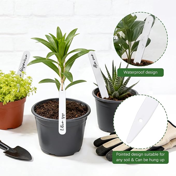 Whaline 200Pcs Thick Plastic Plant Label with Hole, White Waterproof Garden Stake Tags with 2 Marker Pen and A Roll of Twine(6 Inch)