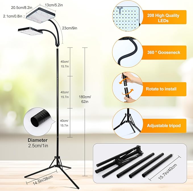 2026 2Head Grow Light with Upgrade Stand, Big Coverage Grow Lights for Indoor Large Plant, Bonsai Tree, 4/8/12/16/20H Timer, 50 Watt Power Draw, NO Need Adapter, 24"-76" Height Adjustable