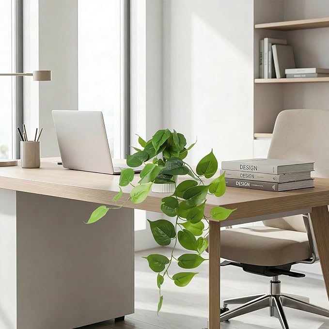 Fake Pothos Hanging Plant – Artificial Plastic Ivy Vines with White Pot, Realistic Faux Greenery for Indoor Home Office Bathroom Shelf Cabinet Decoration