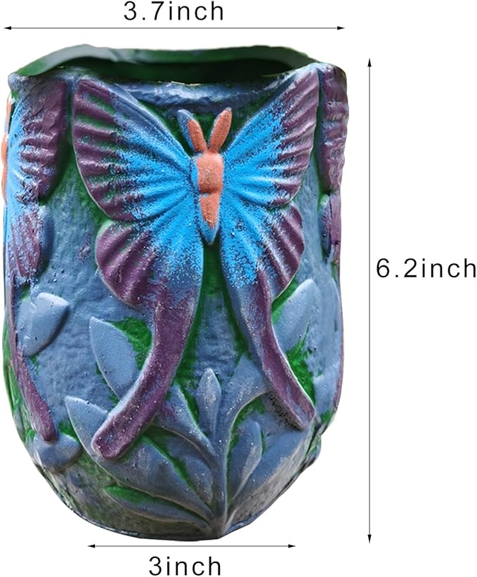 Ceramic Flowerpot– Oval Thick Rough Dark Green Flower Pot with Perforated Drainage Cover, Butterfly Decorative Indoor Outdoor Plant Container