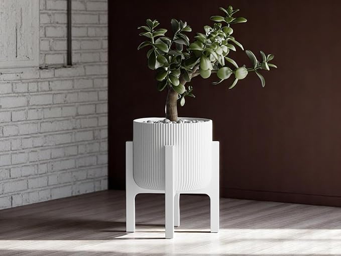Modern Geometric Planter with Stand – Decorative Indoor Plant Pot with Ridged Top & Smooth Bottom, Stylish Planter for Succulents, Herbs, Small Plants (White - Ridges only and Stand)