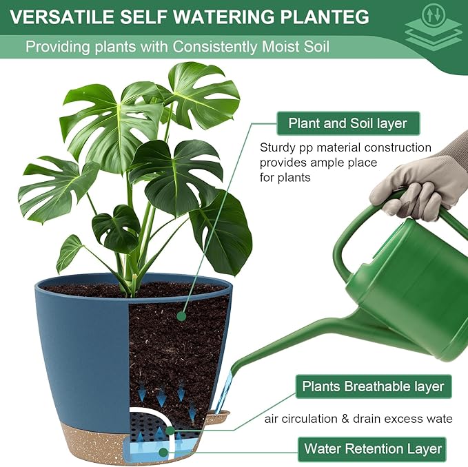 montresor 12/10/8 Inch Self Watering Pots for Indoor Plants Plastic Large Plant Pots for Outdoor Plants, Water Level Window & Spacious Reservoir Flower Pots Decorative Planter with Drainage and Tray
