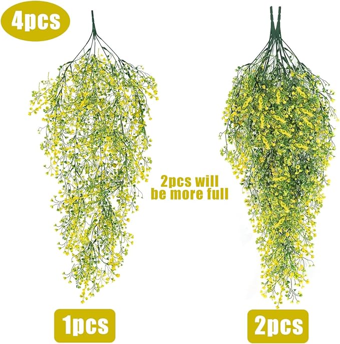 RECUTMS 4Pcs Artificial Hanging Ferns Plants with 30 Lights Fake Ivy Vine Faux Greenery Garland for Porch Fence Patio Yard Wedding Party Indoor Outdoor Decorations (Yellow)