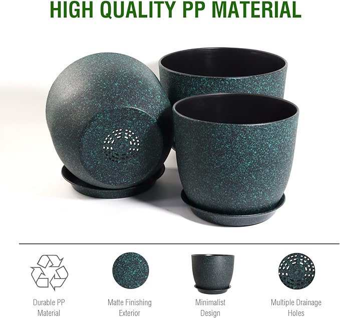 UOUZ 12/10/9 Large Modern Plant Pots, Plastic Planters with Drainage Holes and Saucers for Indoor Outdoor Plants Flowers, Black with Green Speckles
