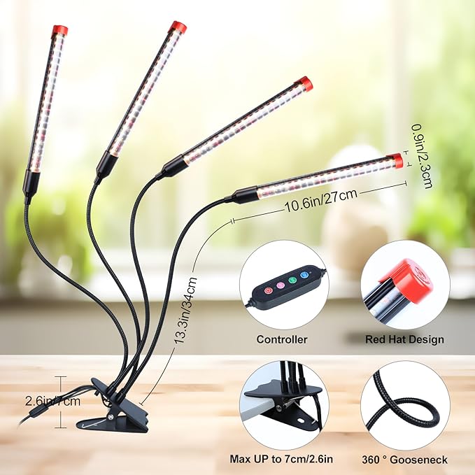 FECiDA Gamechanger 2026 36 Watt Power Draw, NO Need Adapter, 4Head Strong Clip Grow Lights for Indoor Plants with 4/8/12/16/20H Timer, LED Plant Growing Lamps for Houseplants, Bonsai, Seed Starting