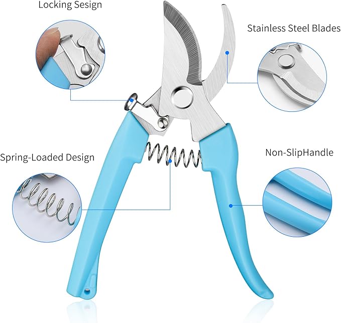 Garden Pruning Shears, 2-Pack Stainless Steel Garden Shears, Flower Scissors for Cutting Flowers, Trim Plants, Bonsai, Fruits, Includes Gloves & Arm Sleeves, Ideal Gardening Gift (Blue)
