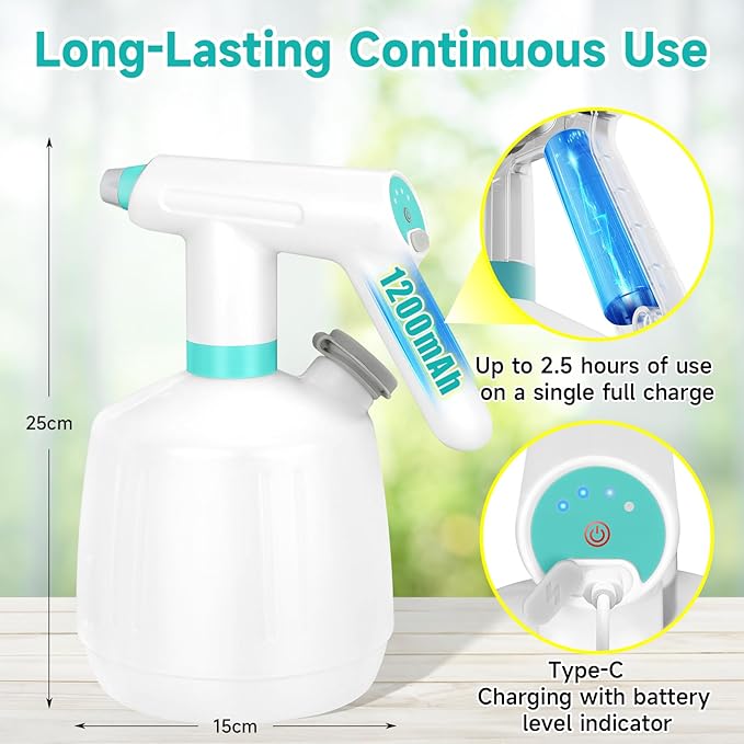 SANLIKE Electric Spray Bottle 2L Pump Sprayer Plant Mister, Automatic Watering Can Rechargeable Battery Powered Pressure Bottle with Adjustable Spout 2 Spray Types for Garden, Fertilizing, Cleaning