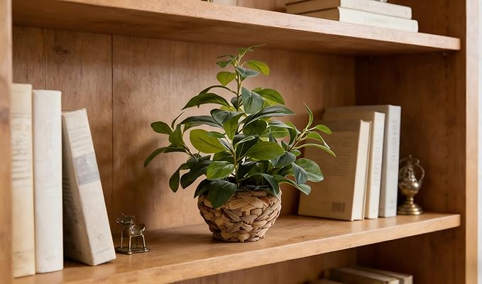 15" Artificial Broad Leaf Potted Plant in Handwoven Seagrass Basket Planter Small Tabletop Fake Plant for Indoor Home Office Shelf Desk Decor