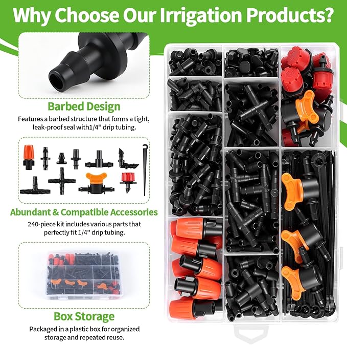 RedChili 240 Pack Drip Irrigation Fittings Kit for 1/4" Tubing, Include Misting Nozzles, Drippers, Stakes, Flat Tees, Single Barbs, Couplers, Valves, Tees, Elbows, Plugs, Crosses for Garden Irrigation