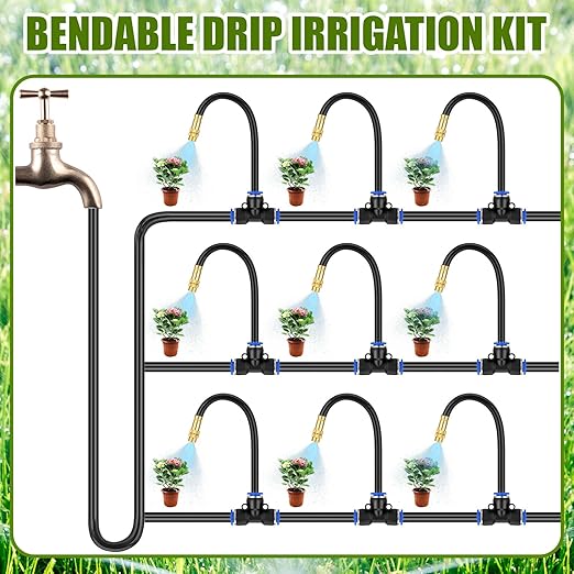 MorningRo 98 ft Drip Irrigation Kit, 5/16" Tube Automatic Watering System with 30pcs 360° Adjustable Brass Nozzles, Water Saving DIY for Garden, Lawn, Yard, Greenhouse Plants
