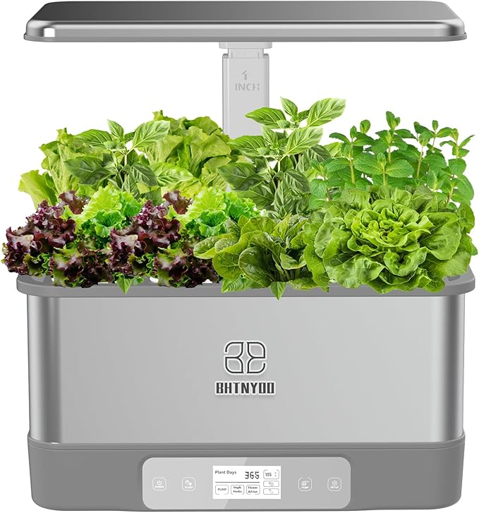 Indoor Herbs Garden,WiFi&APP-Hydroponics Growing System Kit,BHTNYOO/8 Pods Soilless Planting Gardening Boxs with LED Grow Lights,Water Pump, Timer,Timer,for Home(Grey)