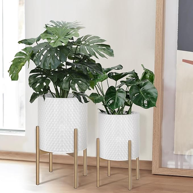 Oakrain Planters for Indoor Plants, Set of 2 Modern Planter with Stand, Decorative Metal Planter Pots for Living Room, Office, Garden, Balcony, 8"&10", Off-White