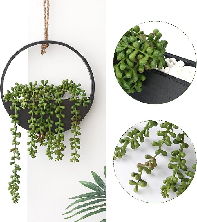 CEWOR 2pcs Artificial Hanging Succulent Plants, Fake String of Pearls in Pot with Lanyard Boho Wall Decor for Bathroom Living Room Home Indoor Outdoor Decorations, Black
