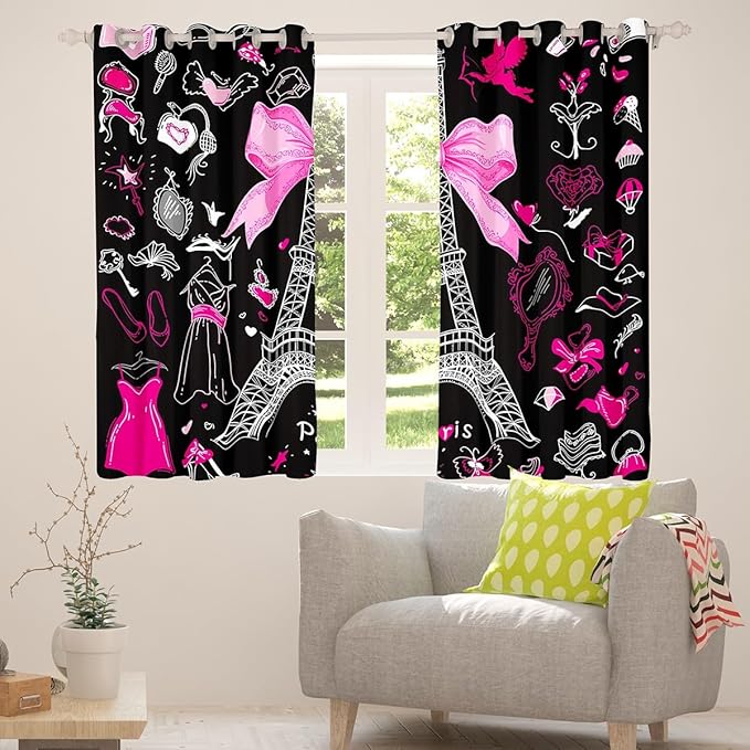 Paris Blackout Curtains,Eiffel Tower of France Curtains & Drapes,Romantic City Building Window Curtains 2 Panels 42"Wx90"L,Make-Up Theme Princess Pink Love Decor Dress Fashion Window Treatments