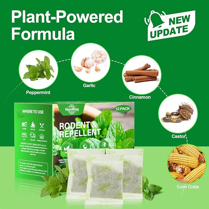 Pest Control Pouches, 12 Pack Peppermint Oil for Mice Rodent Rats Squirrel Pests Repellent Indoor Outdoor Use, Rodent Mouse Rat Deterrent Family Pet Safe Ideal for House Garage Warehouse