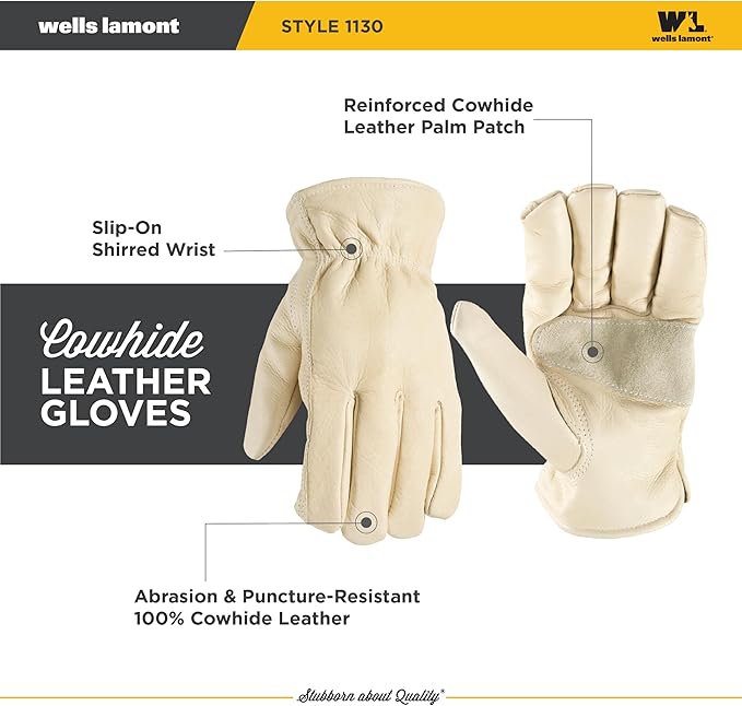 Wells Lamont Leather Work Gloves for Men – Grain Cowhide, Reinforced Palm – Ideal for Construction, Farming, Ranching – Ergonomic Fit, Keystone Thumb, Elasticized Wrist – Beige, Medium (1130M)