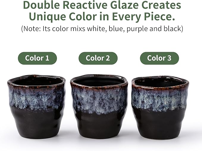 Set of 2 Reactive Glaze Ceramic Planters with Drainage Holes & Saucers - 4 + 6 Inch Unique Irregular Round Flower Pots for Indoor Outdoor Plants, Succulents, Orchids - Reactive Glaze Spot