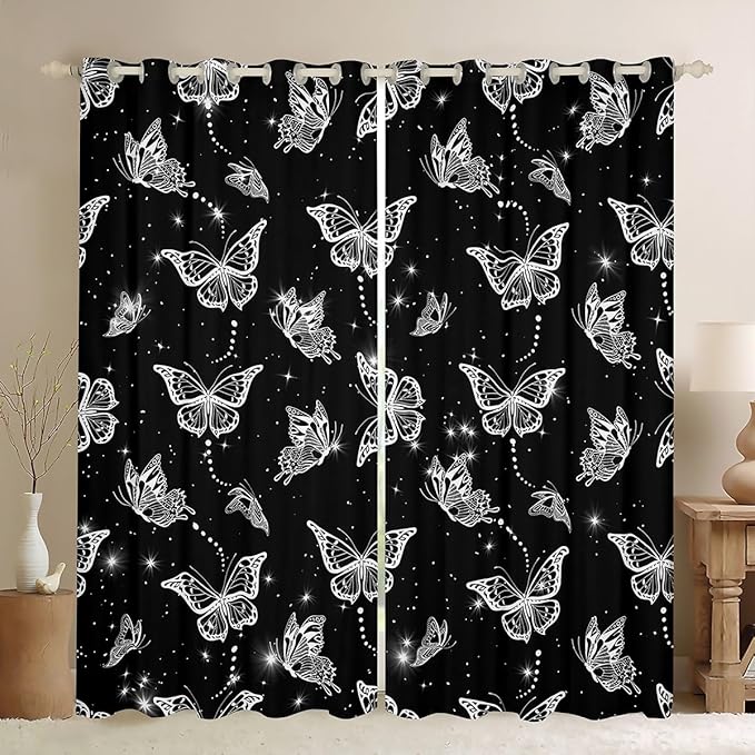 White Butterflies Blackout Curtains,Moth Wildlife Wild Animal Window Treatments,Butterfly Rustic Animals Curtains & Drapes 2 Panels 38"Wx54"L,Starry Sky Galaxy Glitter Window Curtains Black