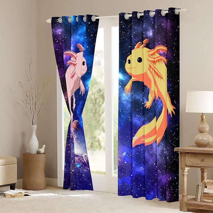 Feelyou Cute Axolotl Window Drapes Galaxy Axolotl Curtains for Kids Boys Girls Universe Outer Space Blackout Curtain Coastal Axolotl Window Treatments 52W X 84L，2 Panels