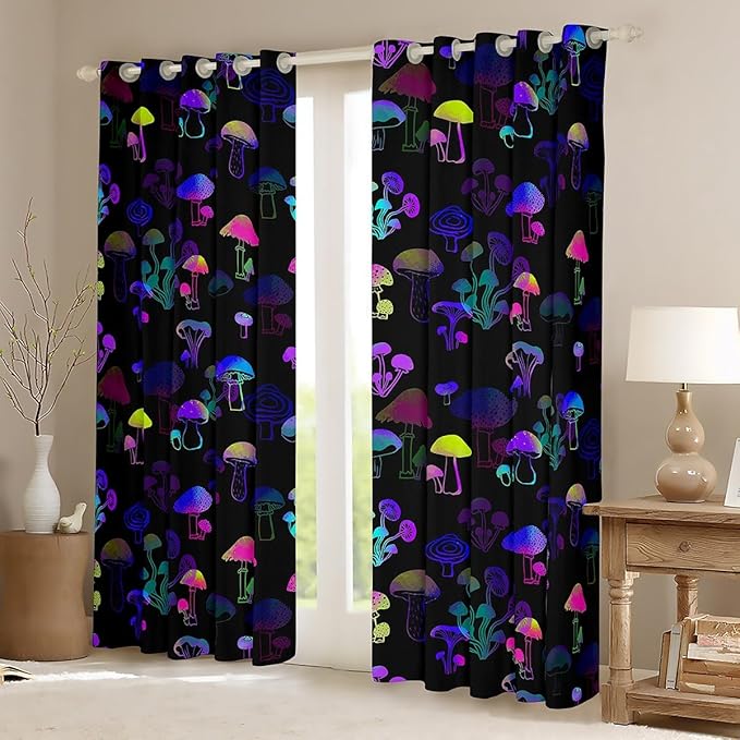 Watercolor Mushroom Blackout Curtains,Magical Gradient Mushrooms Window Treatments 2 Panels 42"Wx84"L,Botanical Plant Curtains & Drapes,Fungi Nature Theme Window Curtains Yellow Blue Purple