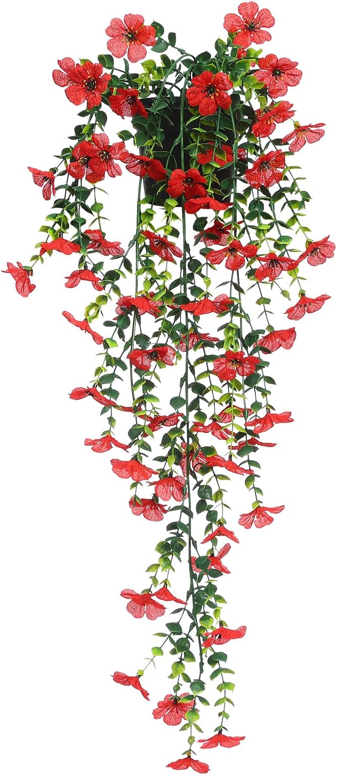 FAVOWREATH Fake Plants Hanging Artificial Potted Faux Eucalyptus Plants and Flowers for Modern Boho Farmhouse Bathroom Office Desk Wall Book Shelf Living Room Aesthetic Decor Indoor (Red)