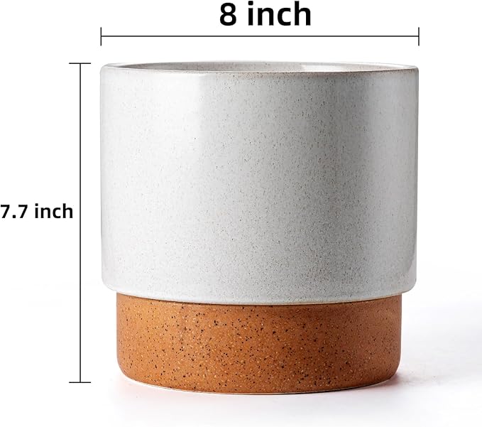 Self Watering Ceramic Planter: 8 Inch Plant Pot with Drainage Hole & Water Storage Plus for Outdoor & Indoor Plants, Succulents, Herbs - Flower Pot for Home or Office Decor - Retro Grey