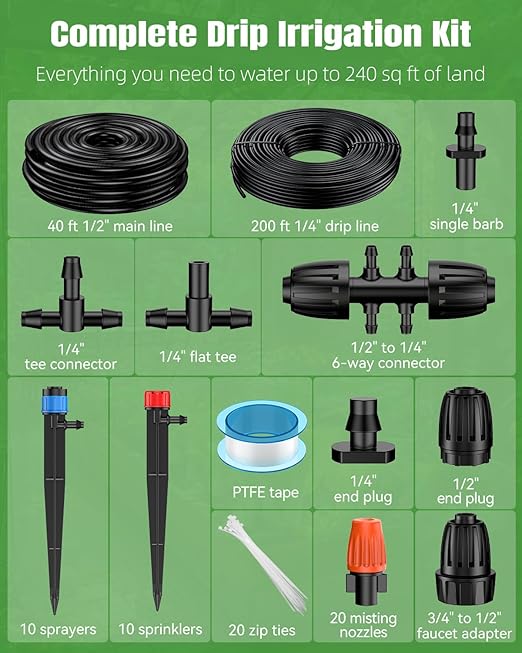 Pawfly Drip Irrigation System for Garden, 240FT Drip Irrigation Kit with 1/2" & 1/4" Tubing Adjustable Emitters Fittings and Accessories, Garden Watering System for Garden Greenhouse Lawn Yard