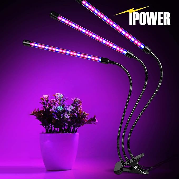 iPower LED Grow Light with Full Spectrum for Indoor Plants, Adjustable Gooseneck, 2/3 Light Modes&5/10 Dimmable Levels, 3 Auto Timing Modes, 3 Tubes, Red&Blue