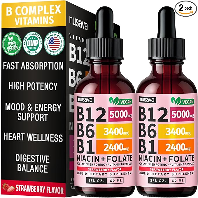 (2 Pack) Vitamin B12 and B6 Liquid Drops, B12 Sublingual Vitamin B Complex - B 12 Vitamin 5000mcg - B12 Methylcobalamin for Energy, Brain, and Heart Support with 27,200 mcg, Strawberry, 80 Servings