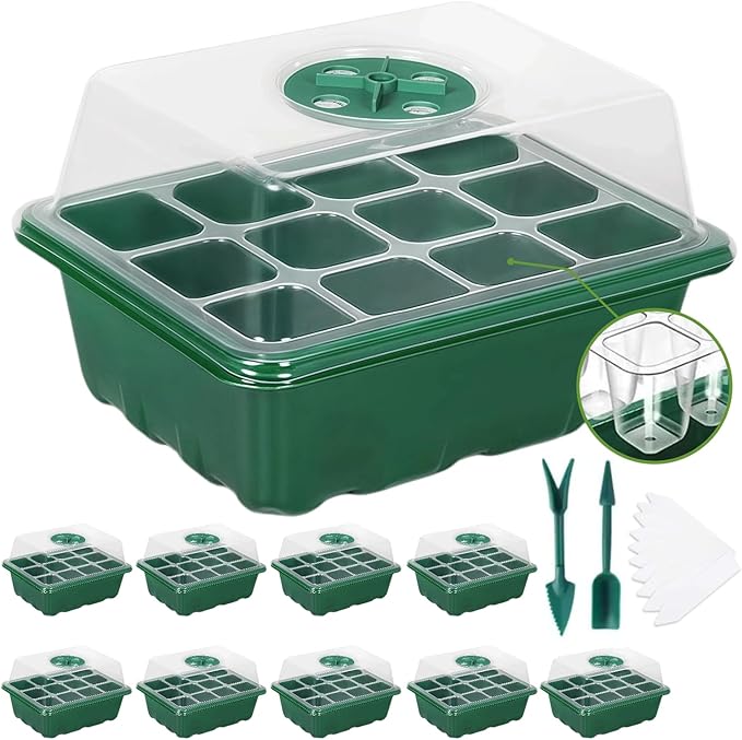 10 Packs Seed Starter Tray Seed Starter Kit with Humidity Dome (120 Cells Total Tray) Seed Starting Trays Plant Starter Kit and Base Mini Greenhouse Germination Kit for Seeds Growing Starting