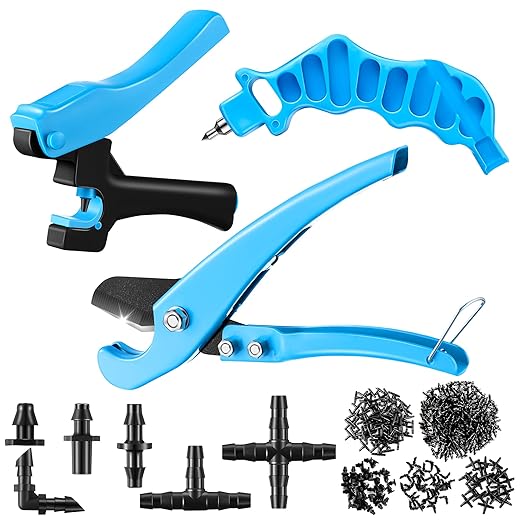 Feekoon Drip Irrigation Punch Hole Tubing Cutter Tools with Barbed Connectors, 2-in-1 Drip Tubing Hole Punch for 1/4 Inch Fitting 16 20 25 mm PE Pipe and Emitter(Blue,345 Irrigation Plugs)