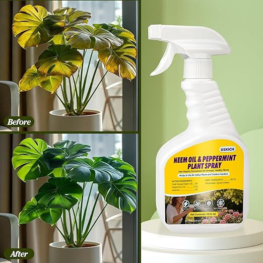 Neem Oil & Peppermint Plant Spray – Natural Leaf Shine with Natural Essential Oils for Indoor & Outdoor Use,Simple Ready-to-Use Plant Spray for Gardens, Houseplants- 16 oz