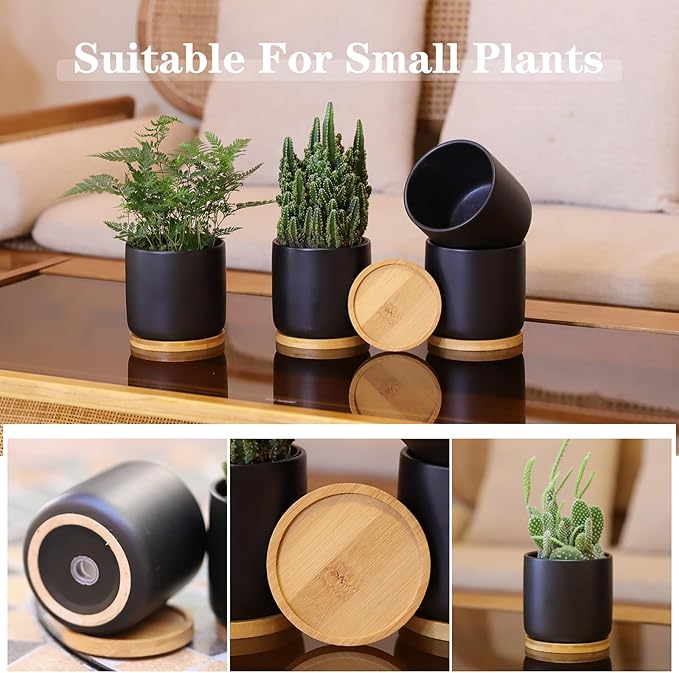 TAMAYKIM 4 Inch Ceramic Plant Pots with Drainage Holes, Adorable Flower Planter Pot with Tray for Indoor Plants, Succulent, Snake Plants, Cactus & Herbs, Black, Set of 4 (Plant Not Included)
