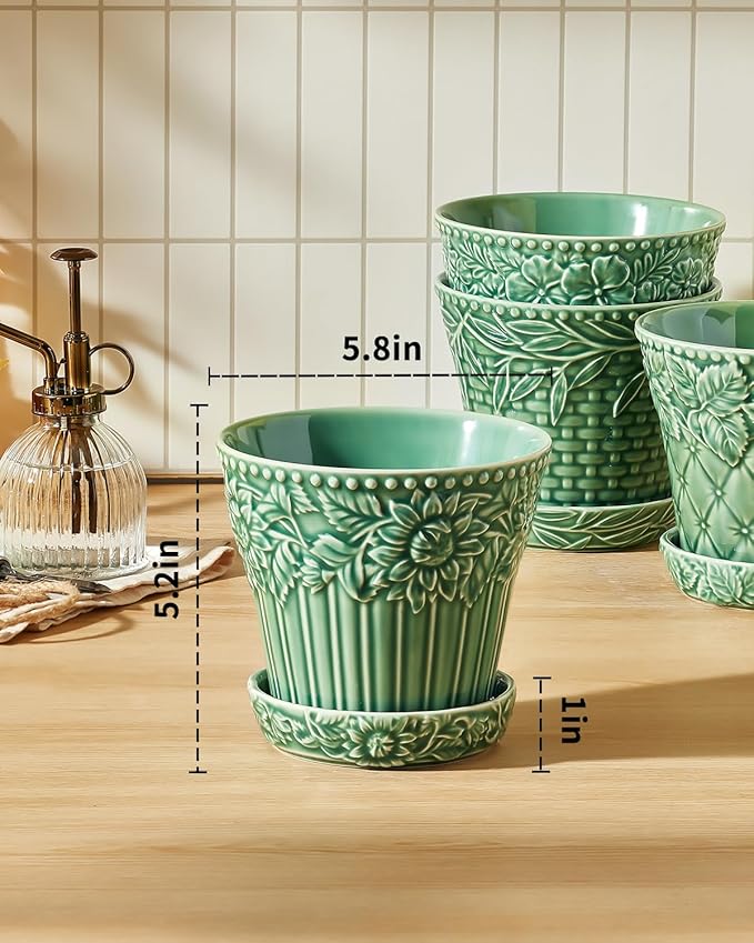 Metahom Ceramic Plant Pots, 5.8 Inch Flower Pots for Indoor Plants, Planters with Drainage Hole & Saucer, Green Planters for Succulent, Orchid, Cactus, Home Decor, Set of 4, Green