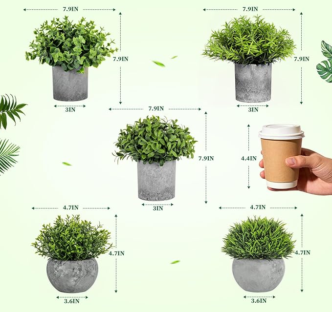 5 Pack Fake Plants, Small Artificial Plants in Pots, Faux Plants Indoor, Artificial Eucalyptus Plants for Desk Shelf Bathroom Bedroom Kitchen Living Room Office Decor Housewarming Gift