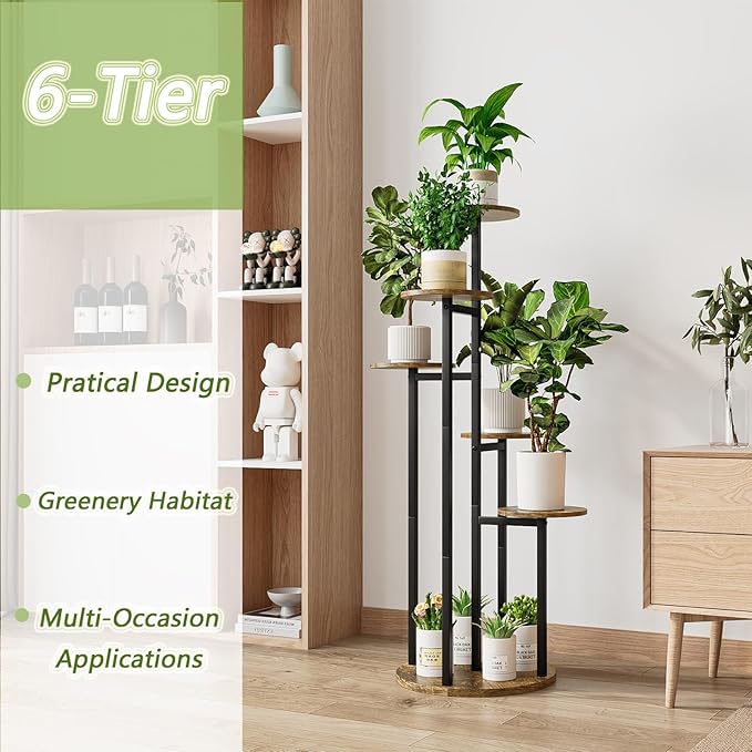 INGIORDAR Plant Stand Indoor Outdoor Corner Flower Stands Multiple Flower Pot Holder for Patio Garden Balcony Living Room 6 Tier Black+Rustic Brown