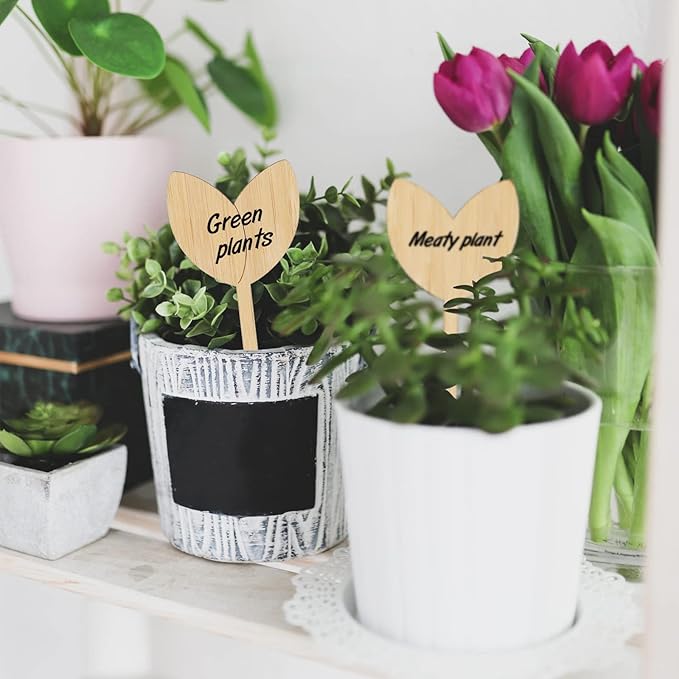 Bamboo Plant Labels Nursery Plant Tags Garden Labels Cute Leaf Shape for Seed Plants with Permanet Marking Pen
