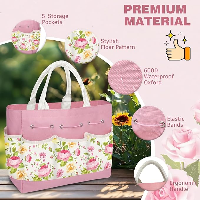 22PCS Garden Tools Set for Women, for Mom Beginner,Heavy Duty Hand Tool Kit Gardening Supplies Included Handy Tote Bag/Trowel/Repotting Mat/Rake/Pruner/Gloves/Plant Tags -Pink