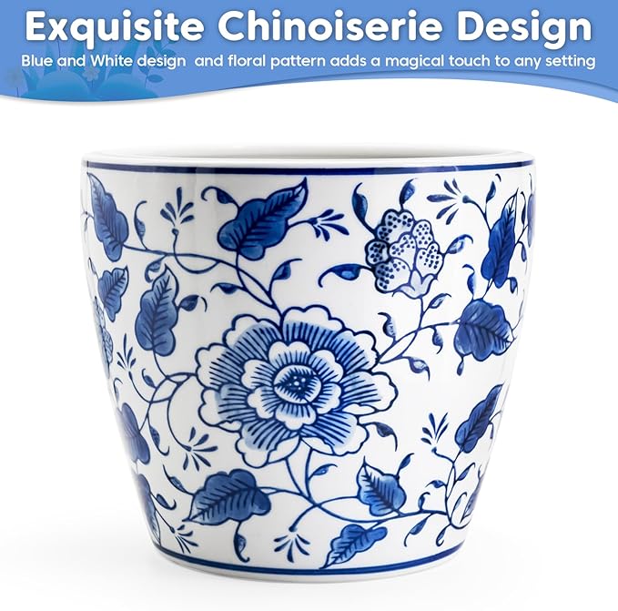 HakkaGirl 8 inch Ceramic Planters for Indoor Plants, Chinoiserie Decor Ceramic Pots for Plants Flower Plant Pots Indoor with Drainage and Saucer, Blue and White
