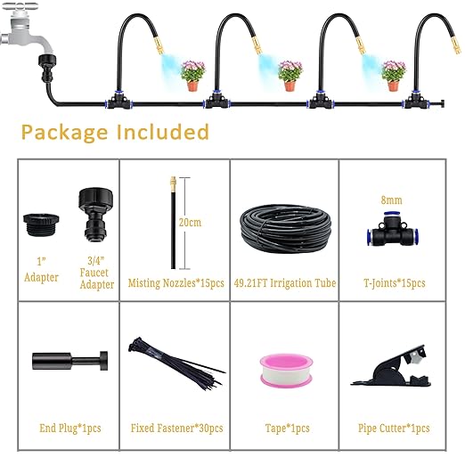 360°Bendable Automatic Irrigation System, 50Ft Adjustable Garden Watering Misting System for Outdoor Cooling System, Trampoline, Greenhouse, Lawn, Plant, Water Mister Nozzles Thread Sprayer 0.043"