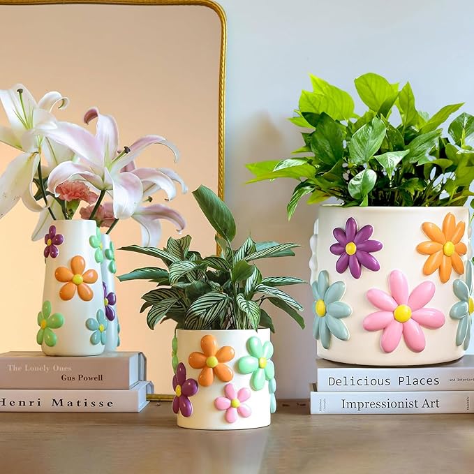 GUGUGO 8 Inch Daisy Planters, Decorative Large Plant Pots with Drainage Holes, Funny Unique Flower Pot for Indoor Plants, Colorful Gardening Pot for Boho Modern Home Décor, Green