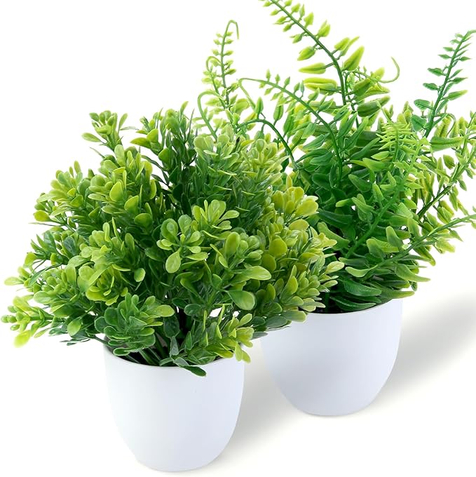 GREENTIME 2 Pack Small Fake Potted Plants for Home Decor Faux Eucalyptus Plant in White Pot Artificial Mini Fern Greenery for Bathroom Shelf Indoor Office Desk Living Room Kitchen Decorations