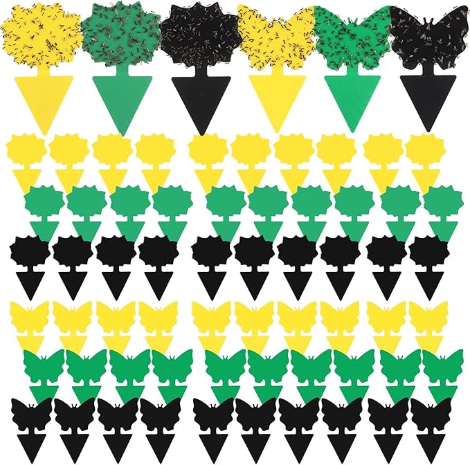 60 Pack Fruit Fly Traps Fungus Gnat Sticky Traps Yellow Black Green Plant Fly Stickers Double Side with Shovel for Indoor Outdoor Kitchen Garden Houseplant Flying Bug Insect (Mixed Style)