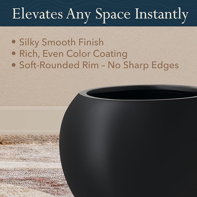 KUTE NEST 9.7" H x 12" D Premium Globo Fiberstone Round Planter with Drainage Hole, Smooth Finishes, Weather Resistant for Indoor and Outdoor Use, Included 2 Extra Coco Mats (Black, 7.8" Pot Opening)