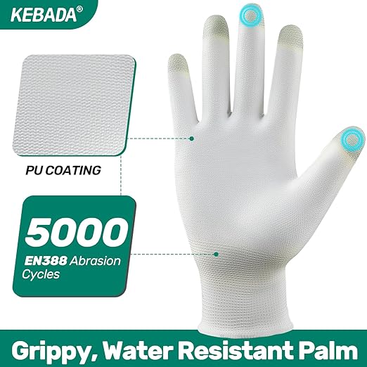 Kebada W1 Work Gloves for Men and Women, PU Coated Safety Gloves with Grip, Touchscreen, Ideal for Warehouse Package Handling, Construction, Gardening, White Small