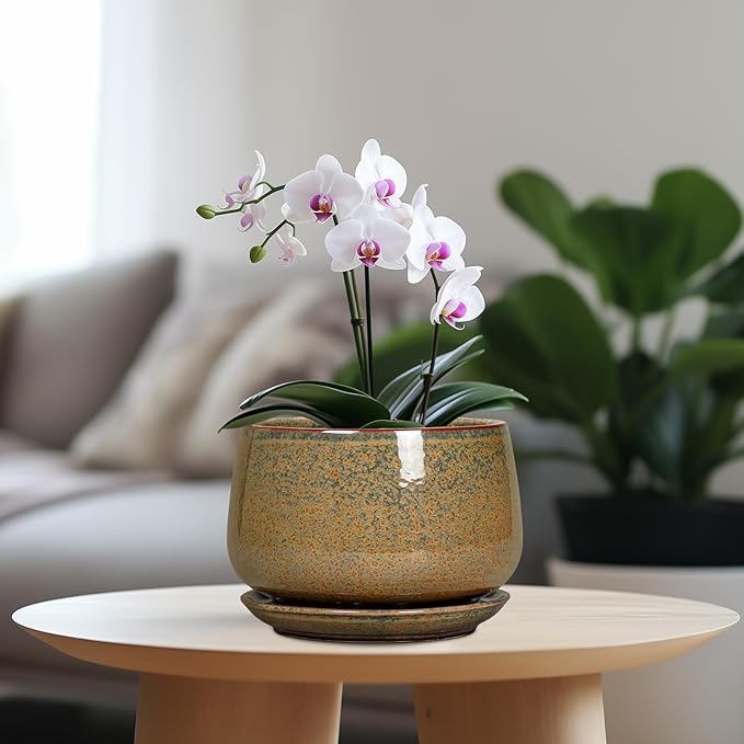 G EPGardening 7 Inch Ceramic Pots for Plants - Ceramic Planters for Indoor Outdoor Plants, Round Plant Pots with Drainage and Saucer, Modern Planter, House Decor, Plant Lover Gifts, Speckled Brown