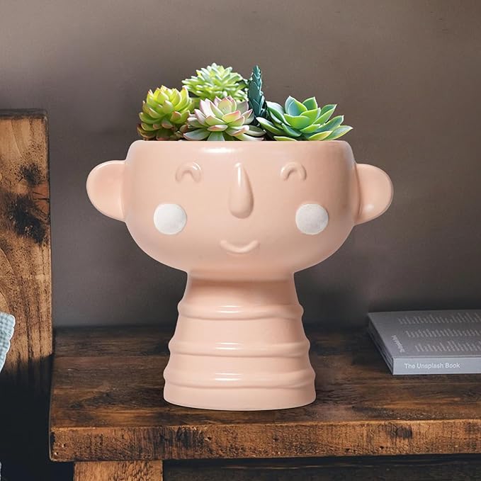 Face Planter Pots Head 7 Inch - Ceramic Face Pot for Plants Indoor Outdoor, Cute Decorative Plant Pots with Drainage Hole, Succulent Planters, Living Room Decor, Valentine Gifts, Matte Pink