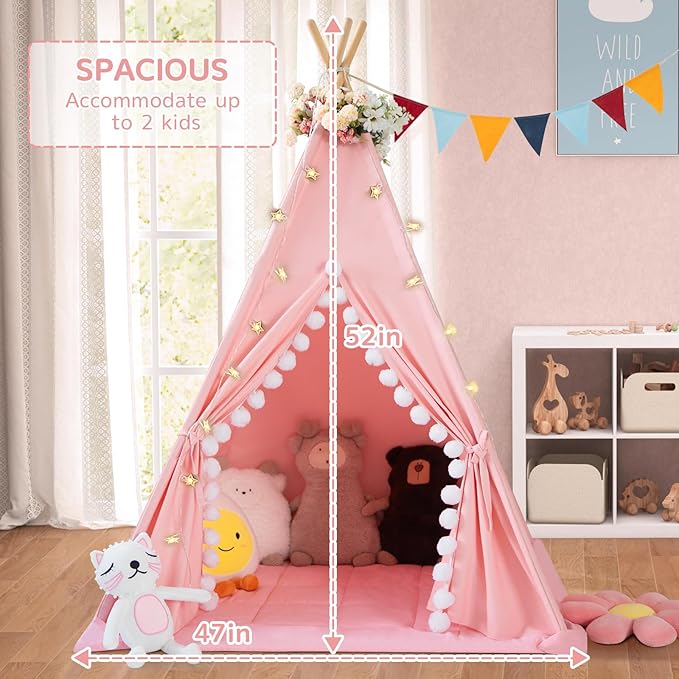 WIRHAO Teepee Tent for Kids with Padded Mat Cotton Canvas Kids Tent with Pompom for Toddlers Indoor Play Tent for Girls Boys with Stars Lights, Carry Bag, Banner Flag (Pink)