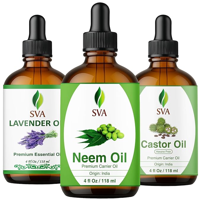 SVA Neem, Lavender and Castor Oil 4 oz Bundle Super Saver Combo – Premium Grade Bundle Set for Hair Oiling, Scalp Massage, Hair Care, Face, Skin Care and Body Massage
