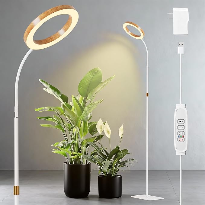 One Head Grow Light for Indoor Plants Full Spectrum - Floor Standing Plant Lamp with Auto Timer 6/12/18H, 5-Level Dimmable & Adjustable Height 16.5-68in for Large Tall Plants |Faux Wood Design